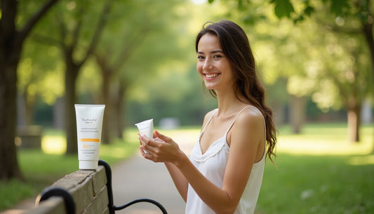 Woman applying natural sunscreen beneath trees, product labeled Natürliche Pflege