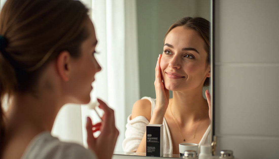 Woman applying retinol serum in softly-lit morning bathroom
