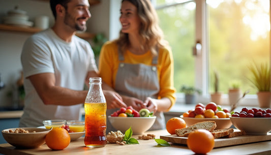 Couple makes healthy breakfast in bright kitchen with fruit and water