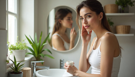 Woman moisturizing face in morning bathroom light