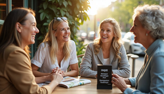 Sunlit women sharing anti-aging tips at cafe table