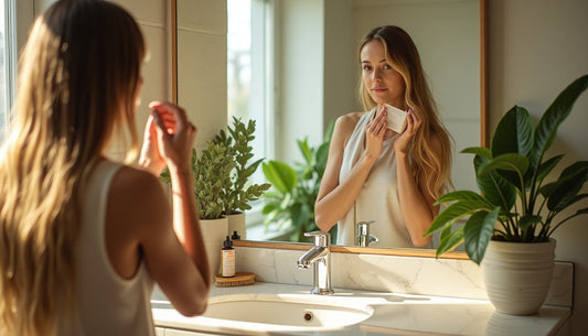 Woman examining healthy hair with natural products in eco-friendly bathroom
