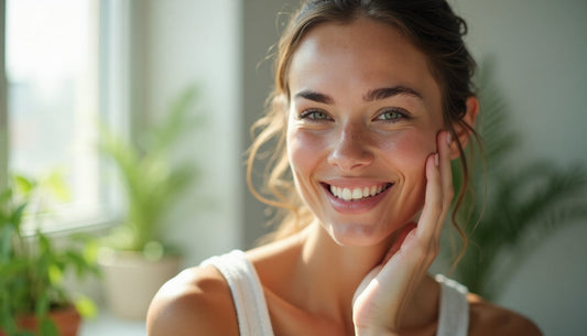 Woman with radiant skin in bathroom highlighting dry skin care