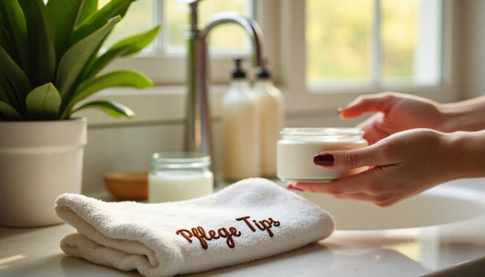 Woman applying natural moisturizer in sunlit bathroom with 'Pflege Tipps' on towel