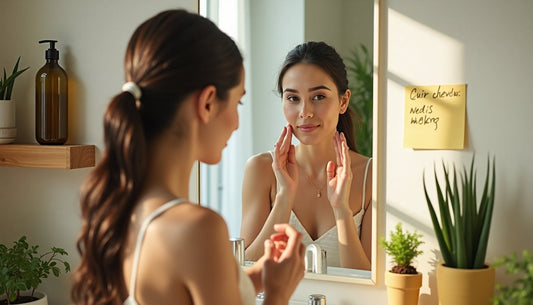 Woman applying natural scalp care mask with herbal jars, mirror displays 'Cuir chevelu naturel'