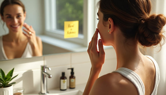Woman checking skin at bathroom mirror with radiant morning light and self-care note