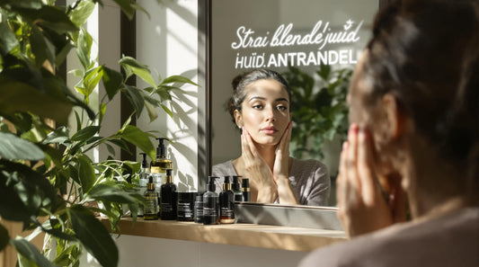 Vrouw doet huidverzorgingsroutine bij spiegel met producten en planten