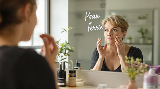 Woman touches face in mirror with 'peau ferme' affirmation for skin-firming guide