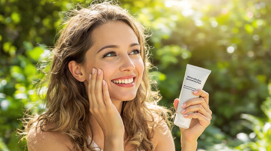 Woman applying mineral sunscreen in a sunlit garden environment