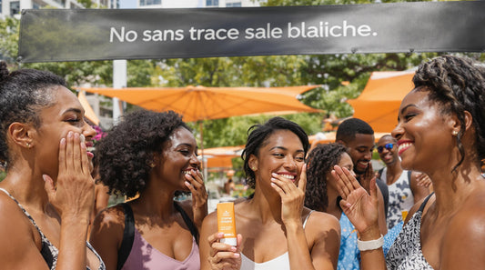Diverse group applying sunscreen without white marks outdoors