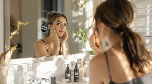 Woman gently applying moisturizer for dry skin at bathroom vanity