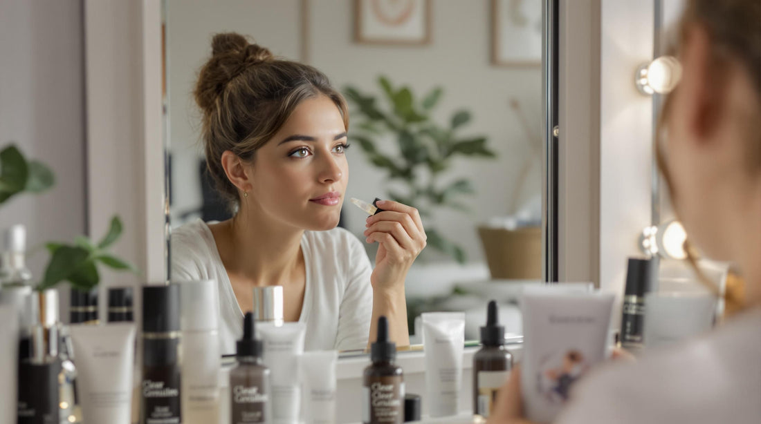 Person applying serum at vanity with 'Clear Results' on mirror