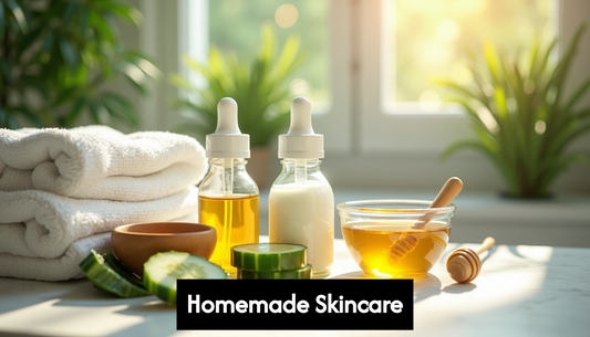 Homemade skincare jars with natural ingredients on countertop