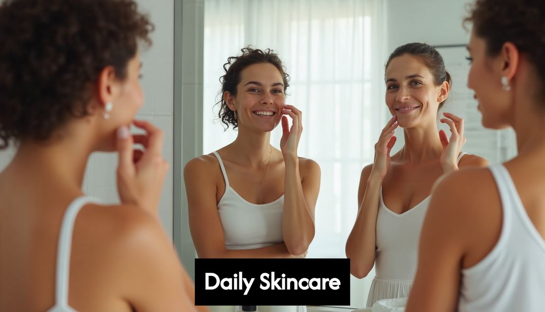 People practicing daily skincare at home