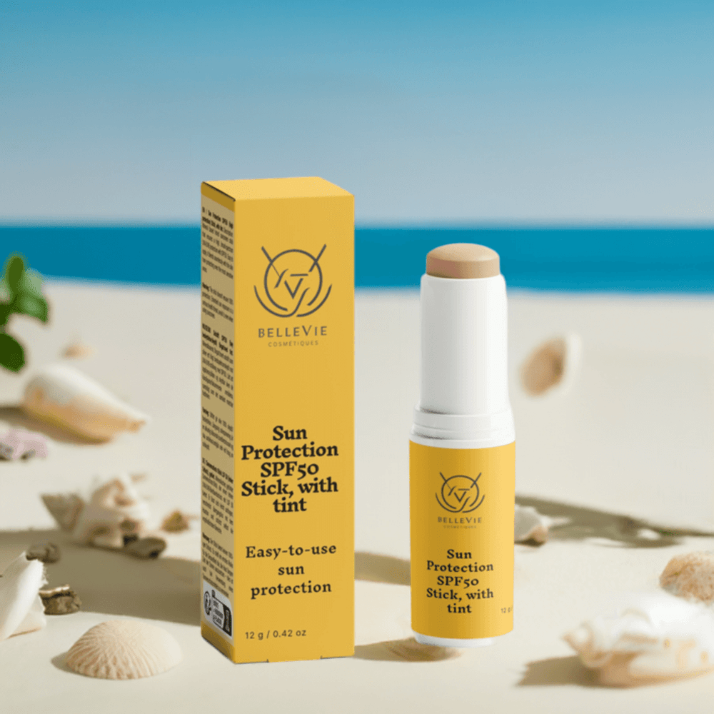 Tinted Mineral Sunscreen SPF50 for Sensitive Skin | BelleVie yellow sunscreen stick and matching box with SPF50 label