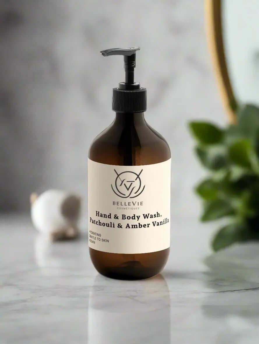 alt="Natural Body Wash 490ml – Hand & Body Wash with Patchouli & Amber Vanilla"