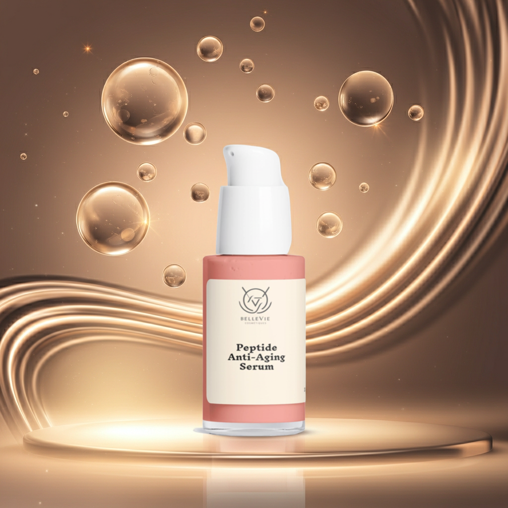 Peptide anti-aging serum bottle with gold circular background