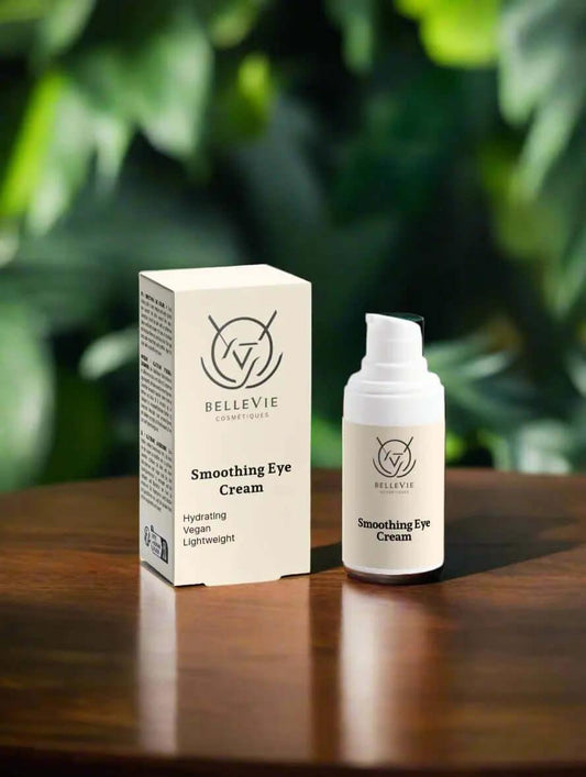 alt="Bellevie Cosmetic Smoothing Eye Cream 15ml jar, hydrates, firms and brightens with hyaluronic acid, vegan, cruelty-free"