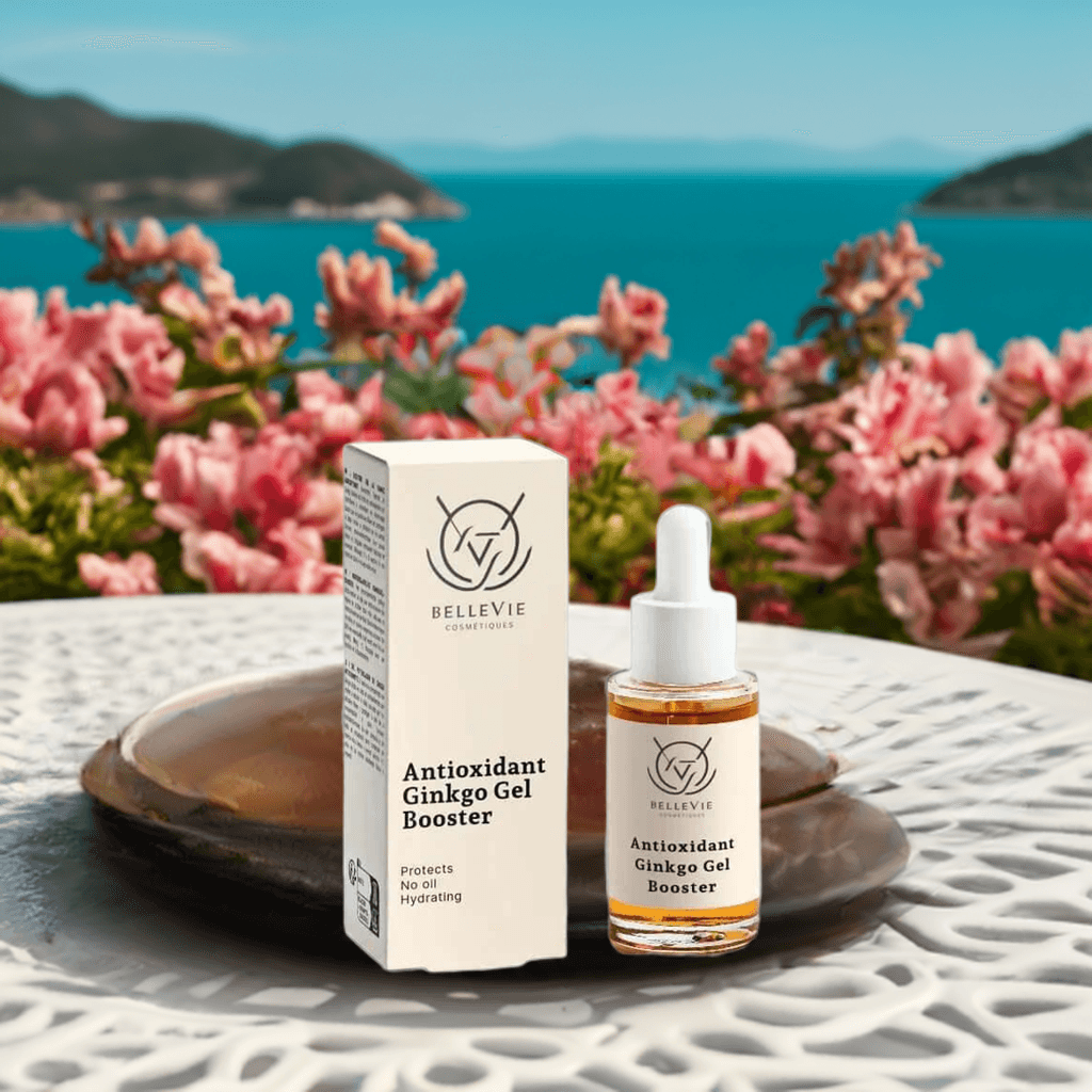 alt="Applying Bellevie Cosmetic Antioxidant Ginkgo Gel Booster 30ml, hydrates and protects skin with Ginkgo extract, COSMOS certified, vegan-friendly"