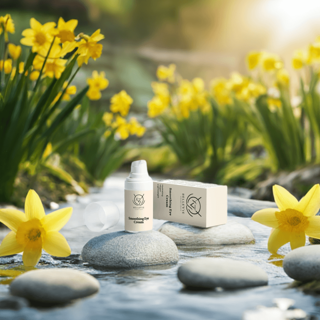 alt="Before and after Bellevie Cosmetic Smoothing Eye Cream 15ml, hydrates, firms and brightens eyes, vegan, COSMOS certified"