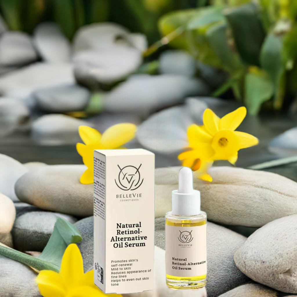 alt="Close-up of Bellevie Cosmetic Natural Retinol-Alternative Oil Serum 30ml, rosehip oil for gentle yet powerful anti-aging, natural, cruelty-free"