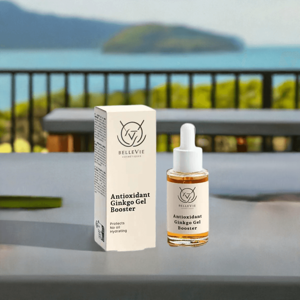 alt="Close-up of Bellevie Cosmetic Antioxidant Ginkgo Gel Booster 30ml, Ginkgo Biloba for powerful skin protection and hydration, natural, cruelty-free"