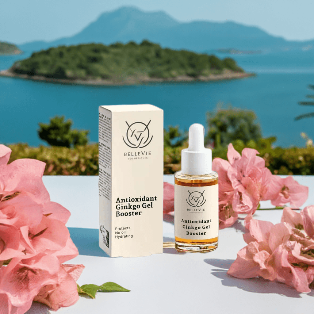 alt="Before and after Bellevie Cosmetic Antioxidant Ginkgo Gel Booster 30ml, boosts skin hydration and protection, vegan, COSMOS certified"