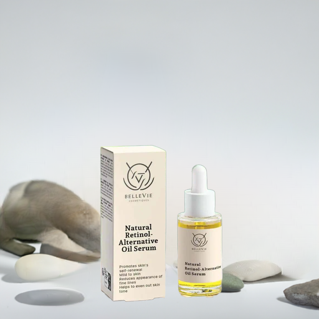 alt="Bellevie Cosmetic Natural Retinol-Alternative Oil Serum 30ml with box, bakuchiol for powerful anti-aging, natural, vegan, cruelty-free"