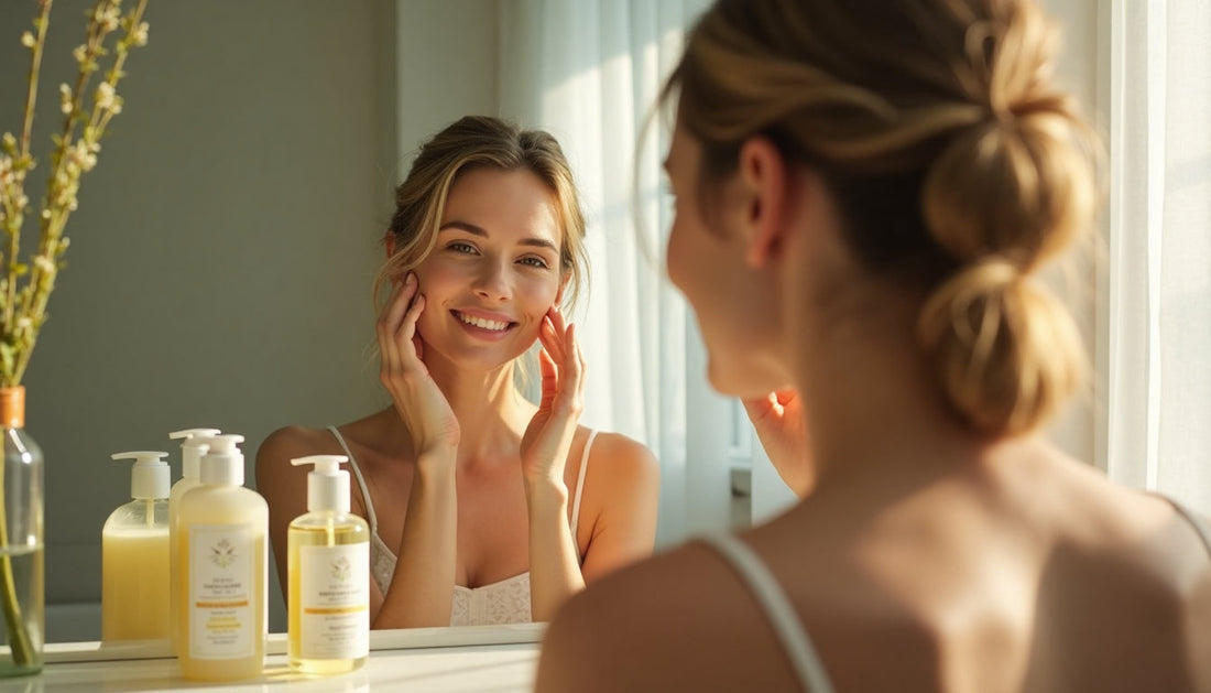 Woman applying herbal moisturizer in bright bathroom
