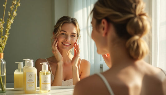 Woman applying herbal moisturizer in bright bathroom