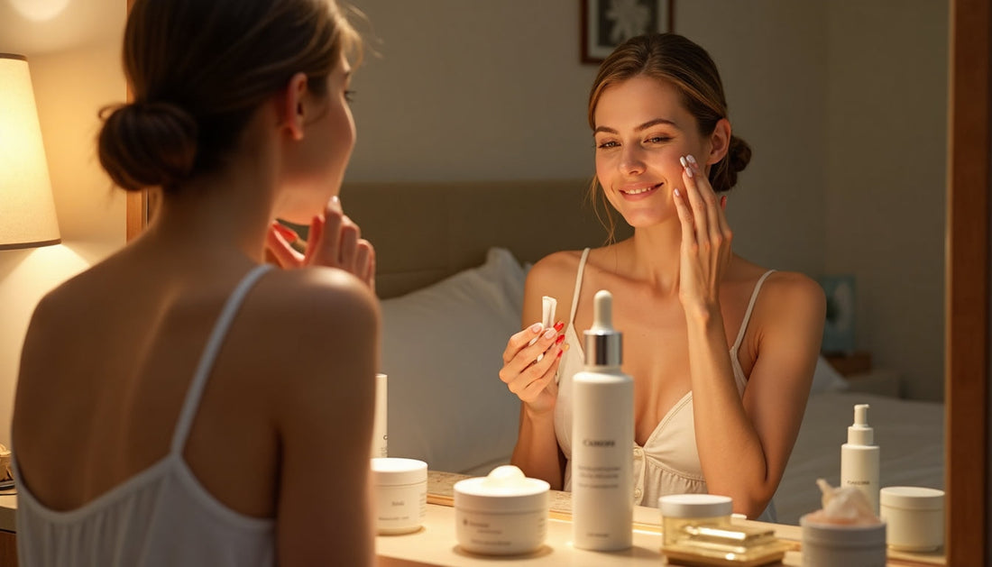 Woman applying night cream at vanity in cozy evening light