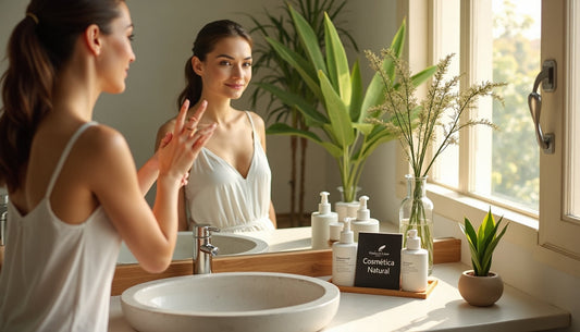Woman using natural skincare in sunlit eco bathroom setting
