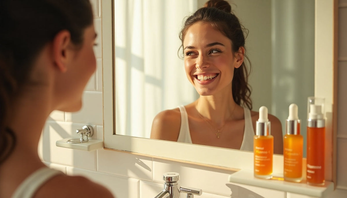 Woman applies vitamin C serum in bright morning bathroom