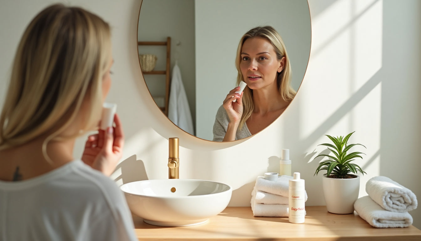 Woman applying moisturizer in bright bathroom for dry skin care