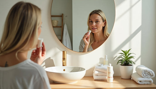 Woman applying moisturizer in bright bathroom for dry skin care