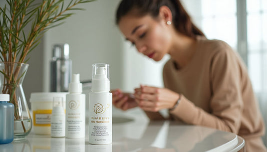 Youth examines skincare products in bright modern bathroom