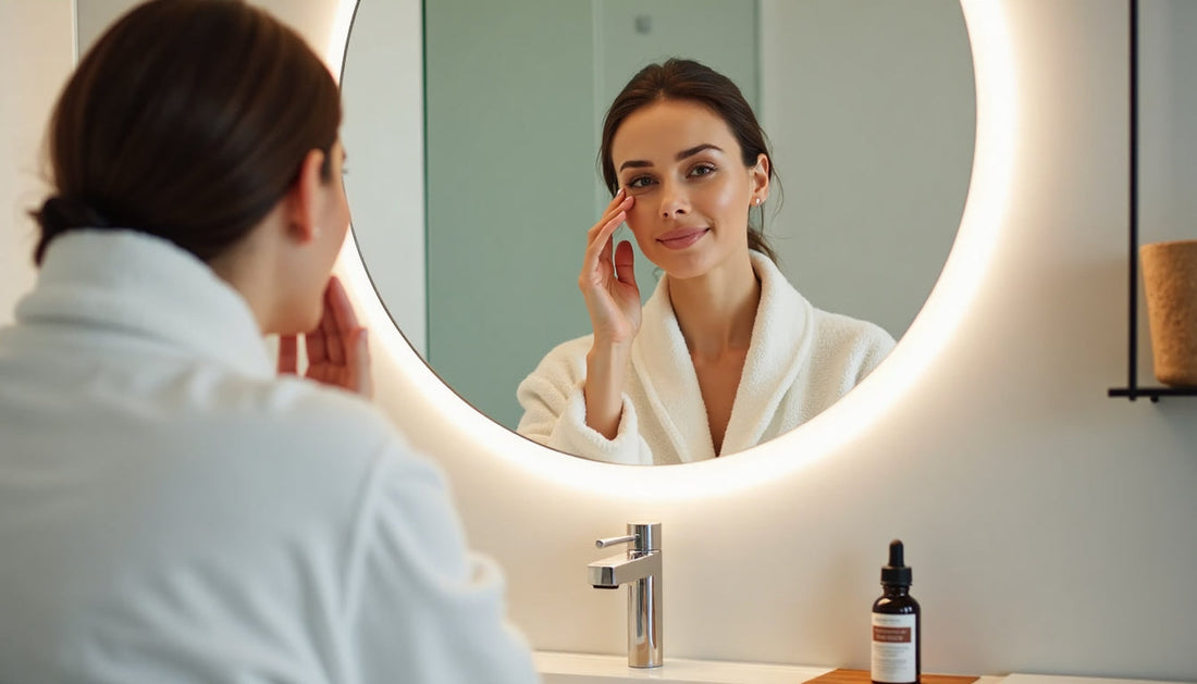 Woman applies peptide serum at mirror in sunlit bathroom