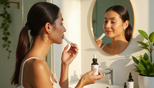 Woman applies probiotic serum in sunlit bathroom