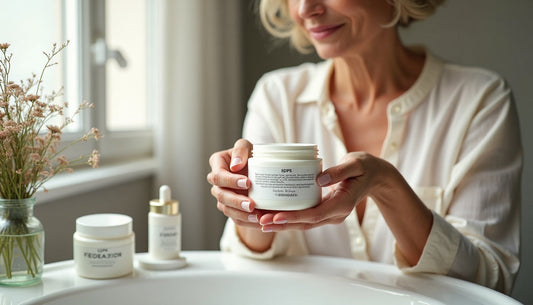 Mature woman applying moisturizer in sunlit French bathroom