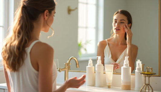 Woman applying skincare in bright home bathroom