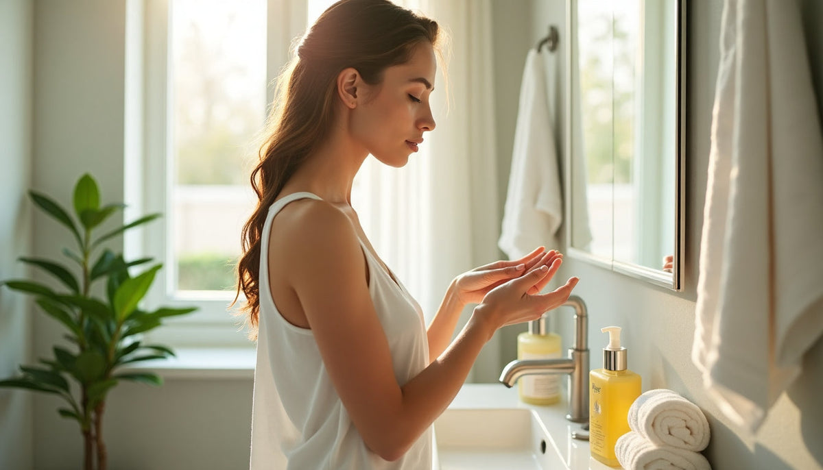 Young woman performing facial cleansing in sunlit modern bathroom