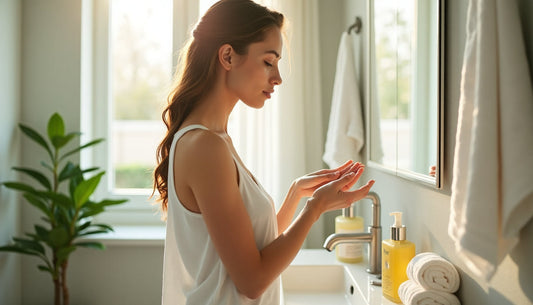Young woman performing facial cleansing in sunlit modern bathroom