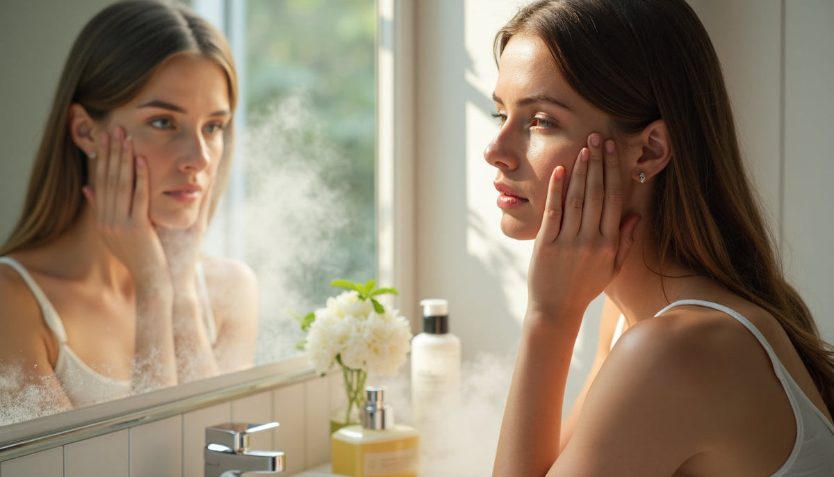 Young woman examines skin in bathroom mirror with skincare products nearby