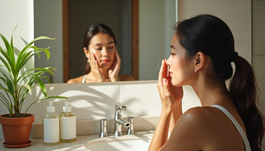 Woman washing face in sunlit bathroom with skincare products nearby