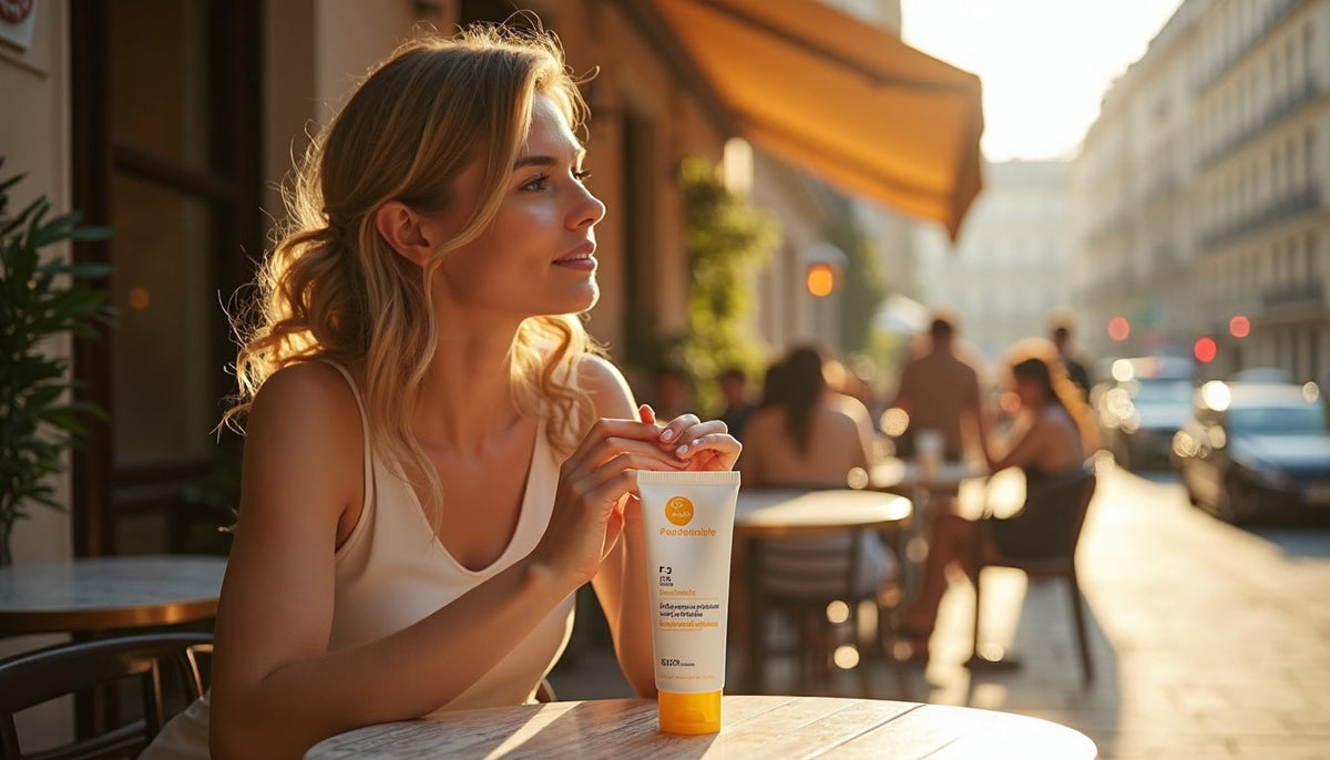 Woman applying sunscreen at sunlit French café table