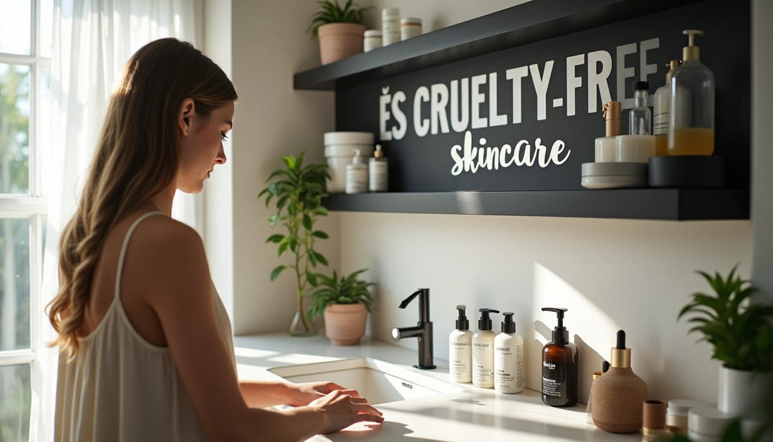 Woman applying cruelty-free skincare in bright, modern bathroom