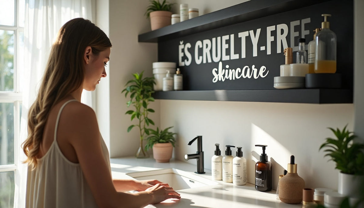 Woman applying cruelty-free skincare in bright, modern bathroom