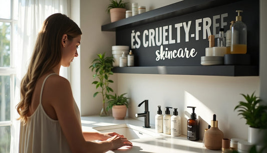 Woman applying cruelty-free skincare in bright, modern bathroom