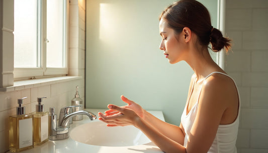 Woman cleansing face in sunlit bathroom, self-care banner visible
