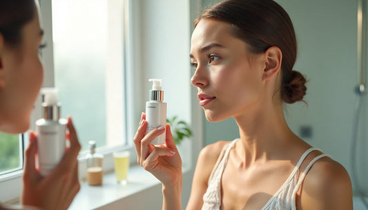 Woman examines skin in bathroom mirror with skincare products nearby